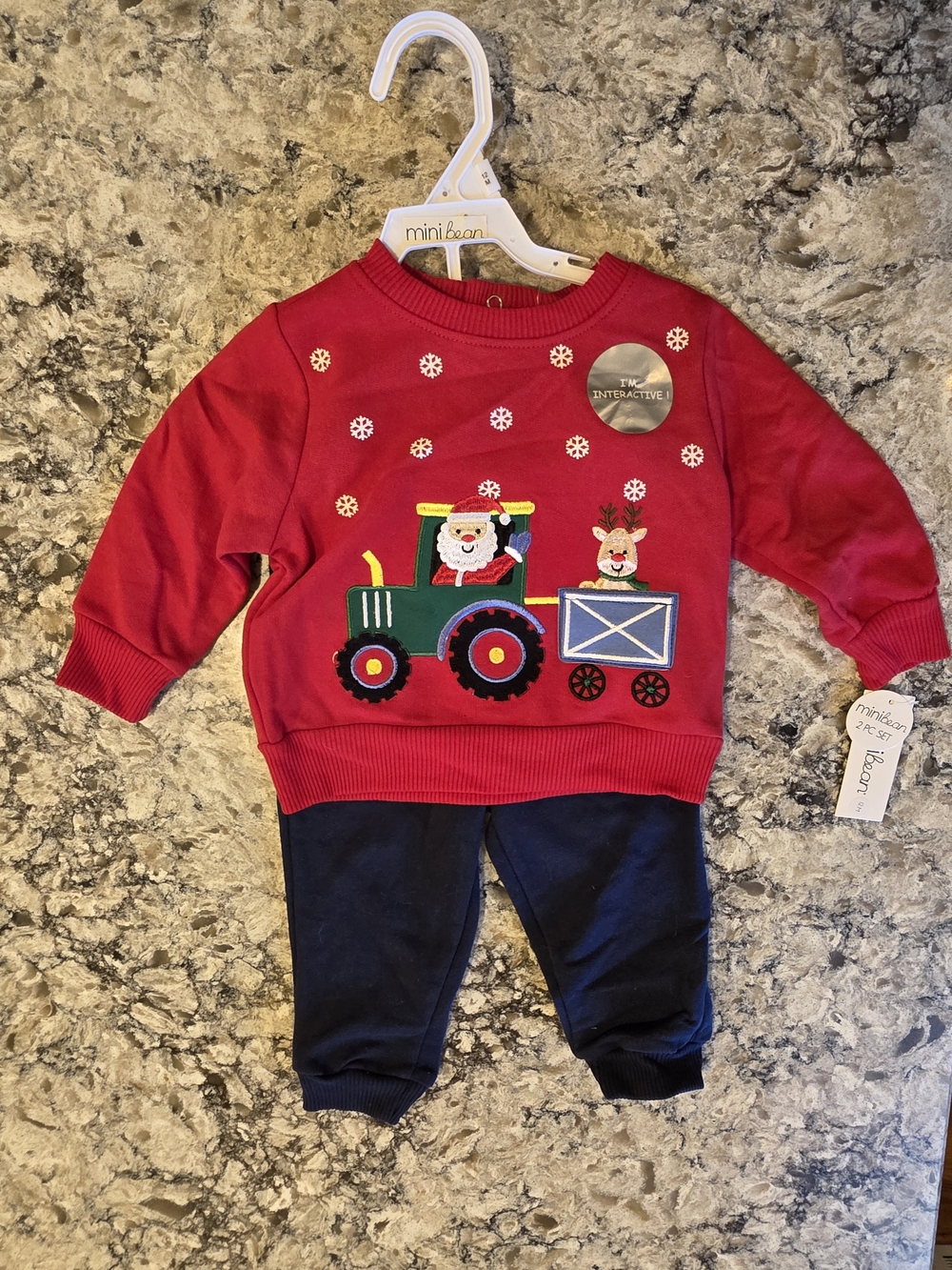 NWT 12M Mini Bean Red Santa Interactive Tractor Sweatshirt Set